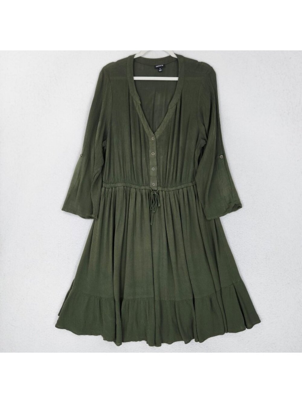 Torrid Dress Womens 1X Green V Neck Button Front Challis Midi Roll Tab Sleeve